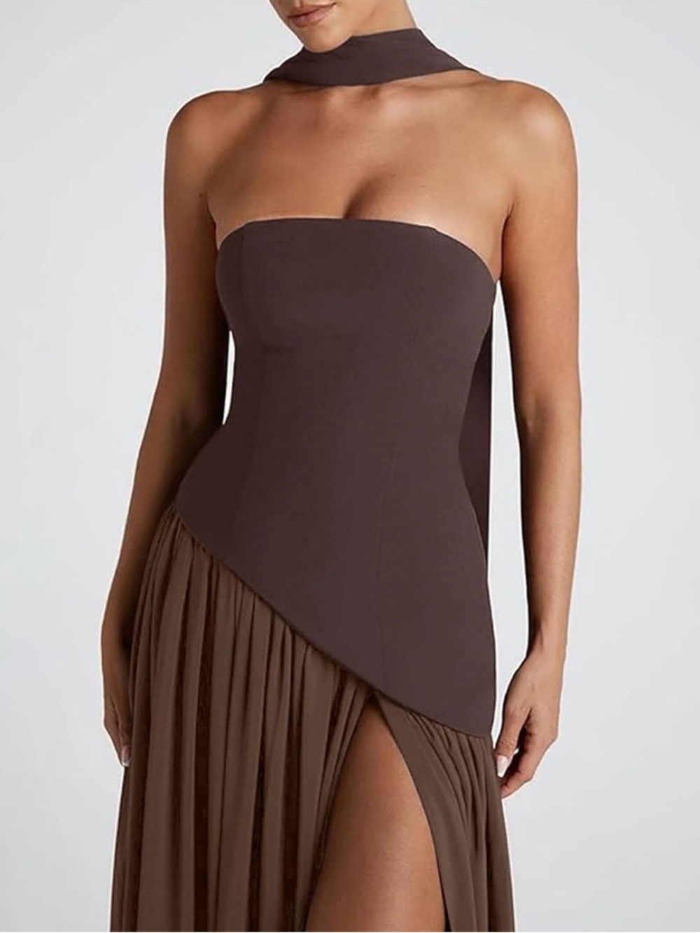 Strapless Brown Asymmetric Gown with Choker Detail